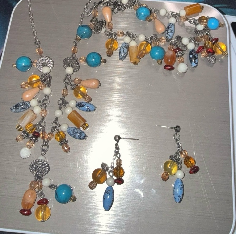 Real turquoise necklace, earrings, and bracelet set with beautiful color beads